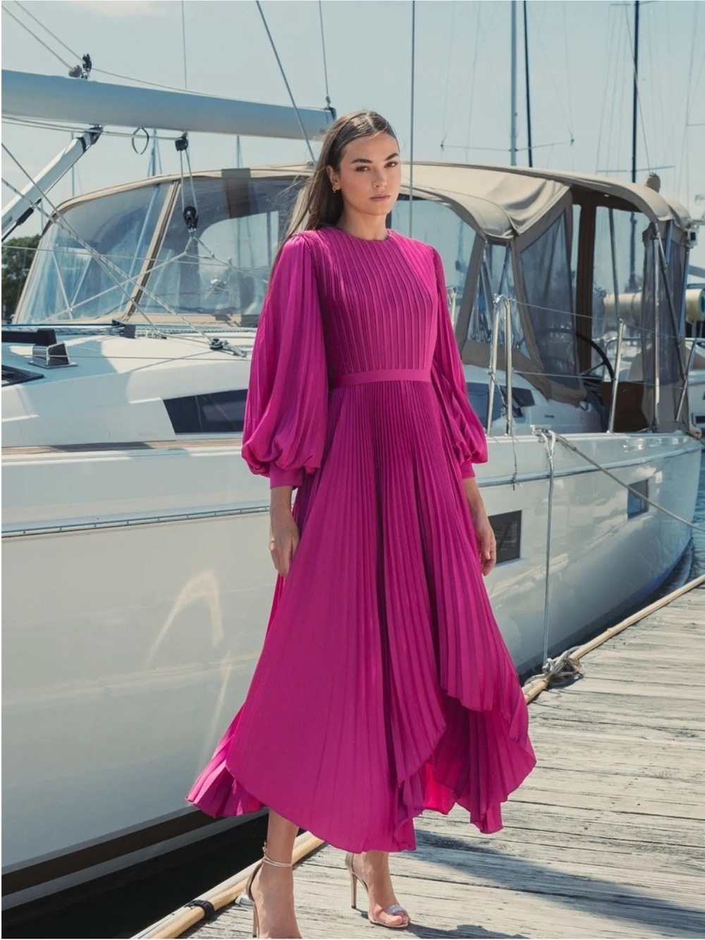Mac Duggal 11638 Fuchsia Long Sleeve Pleated Charmeuse Handkerchief Dress sz 6